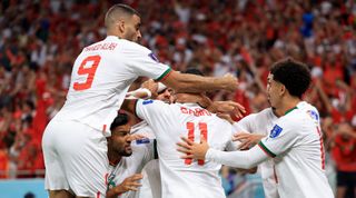 Zakaria Aboukhlal of Morocco celebrates with teammates after scoring their team's second goal during the FIFA World Cup Qatar 2022 Group F match between Belgium and Morocco at Al Thumama Stadium on November 27, 2022 in Doha, Qatar.