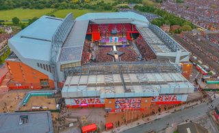 An aerial view of Anfield, Liverpool during Taylor Swift's Eras Tour concert in June 2024