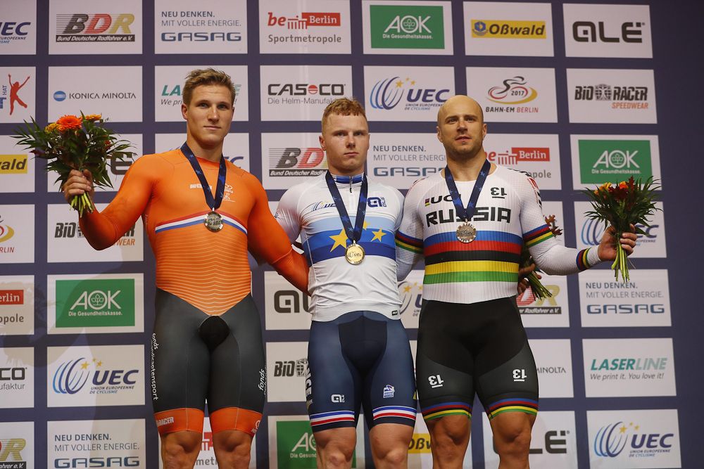 The men's sprint podium: Sebastian Vigier (France), Jeffrey Hoogland (Netherlands) and Denis Dmitriev (Russia)