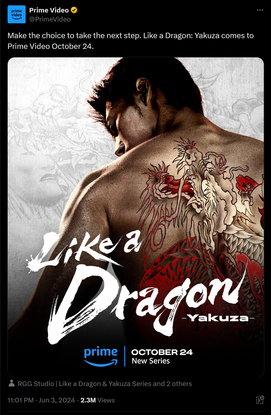 Make the choice to take the next step. Like a Dragon: Yakuza comes to Prime Video October 24.
