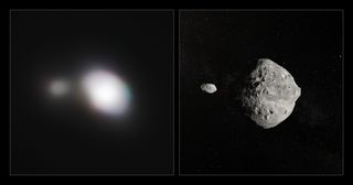 A side-by-side comparison of the new photo of the asteroid 1999 KW4, captured by ESO's Very Large Telescope, and an artist's impression of the asteroid.
