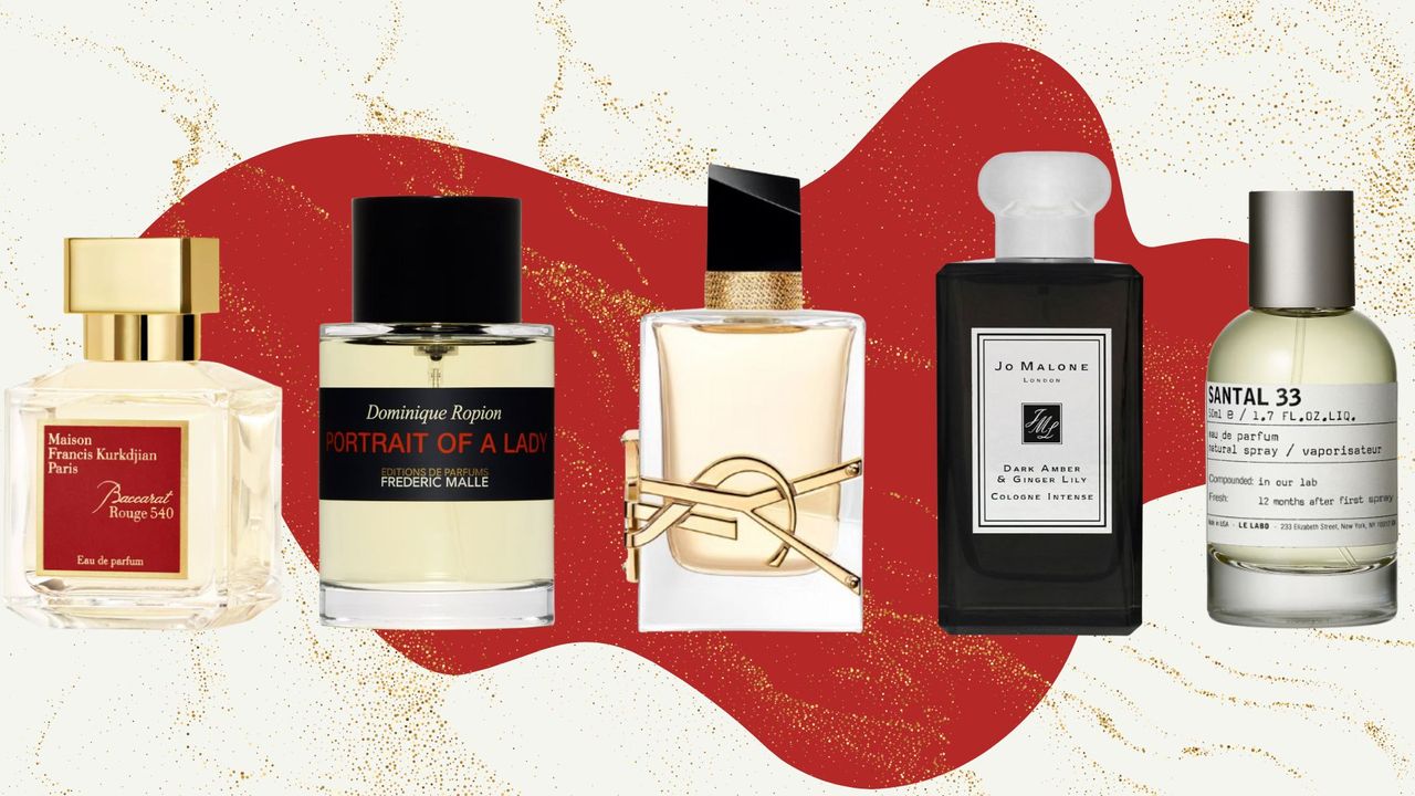 Maison Francis Kurkdjian Baccarat Rouge 540, Frederic Malle Portrait of a Lady, YSL Libre, Jo Malone Dark Amber &amp; Ginger Lily, and Le Labo Santal 33 on a gold and red glittery patterned background