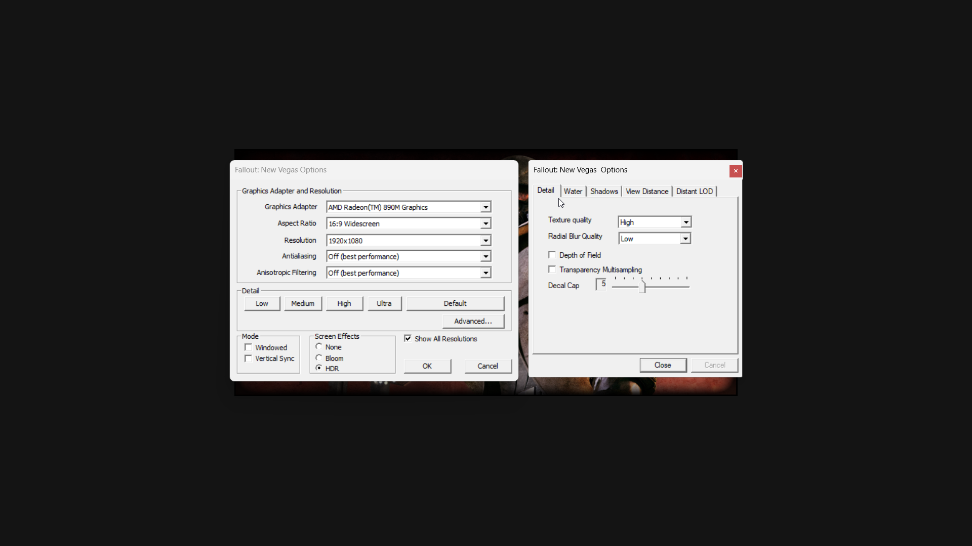 Fallout New Vegas graphical settings for handhelds
