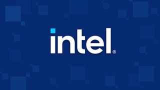 Intel logo on blue background.