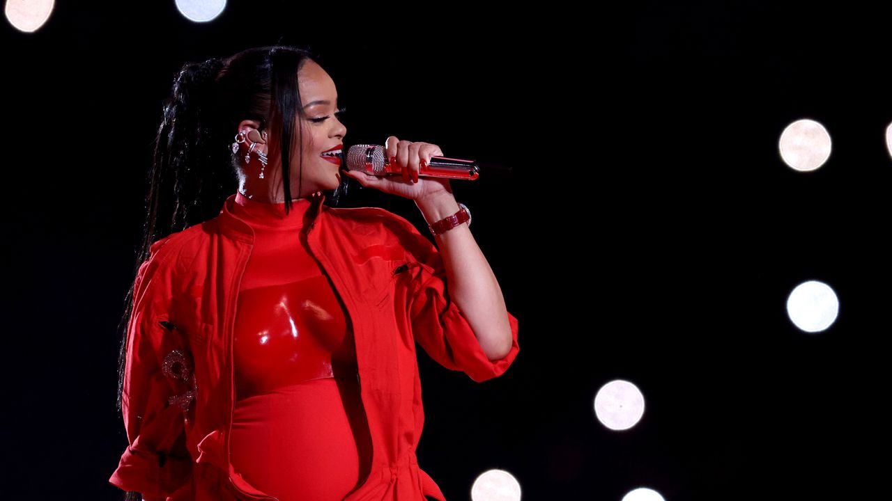 Rihanna performs onstage during the Apple Music Super Bowl LVII Halftime Show at State Farm Stadium on February 12, 2023 in Glendale, Arizona. 