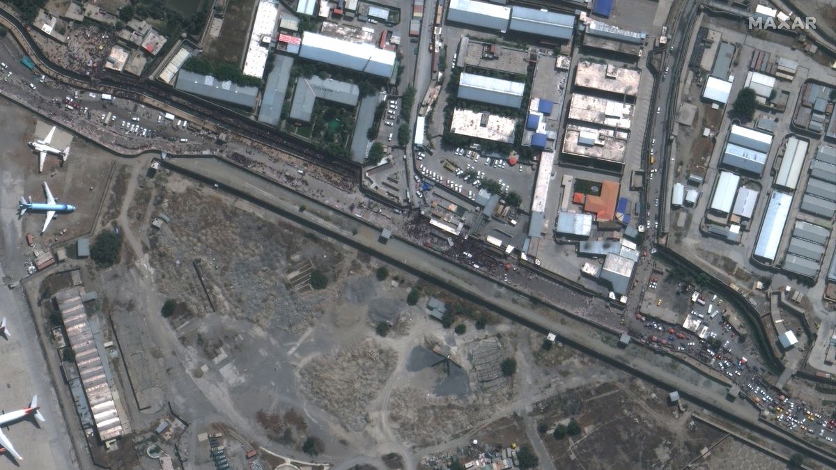 A satellite image of Abbey Gate at Hamid Karzai International Airport in Kabul, Afghanistan, taken on Aug. 23, 2021.