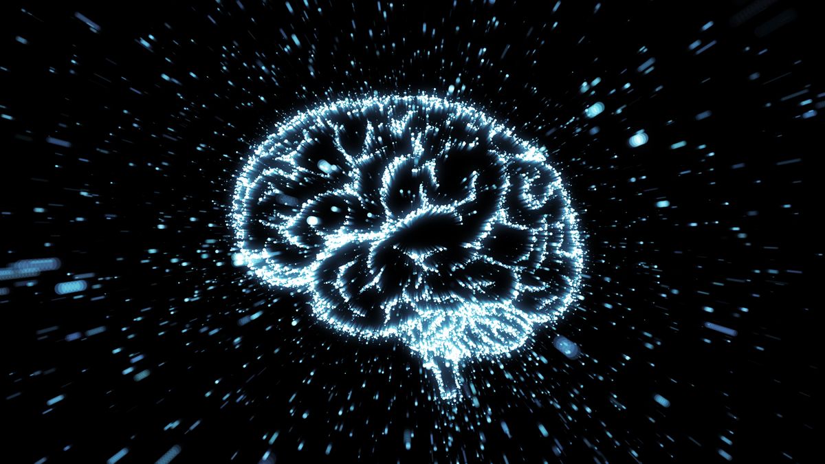 Abstract image of a blue digital brain on a black background to represent artificial intelligence