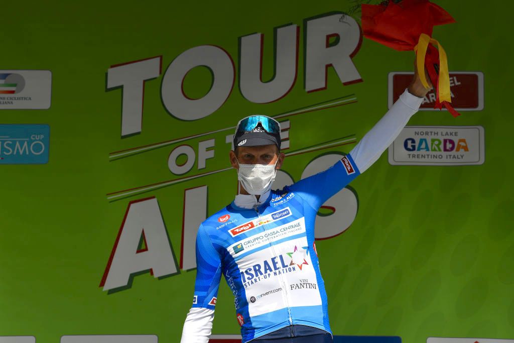 RIVA DEL GARDA, ITALY - APRIL 23: Alessandro De Marchi of Italy and Team Israel Start-Up Nation Marton Blue Mountain Jersey celebrates at final podium during the 44th Tour of the Alps 2021, Stage 5 a 120,9km stage from Valle del Chiese - Idroland to Riva del Garda / Champagne / Mask / Covid Safety Measures / @Tourof_TheAlps / #TouroftheAlps / on April 23, 2021 in Riva del Garda, Italy. (Photo by Tim de Waele/Getty Images)