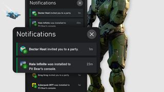 En skärmdump på ett helt gäng notifikationer från Xbox som visas upp bredvid en Halo-soldat mot en vit bakgrund.