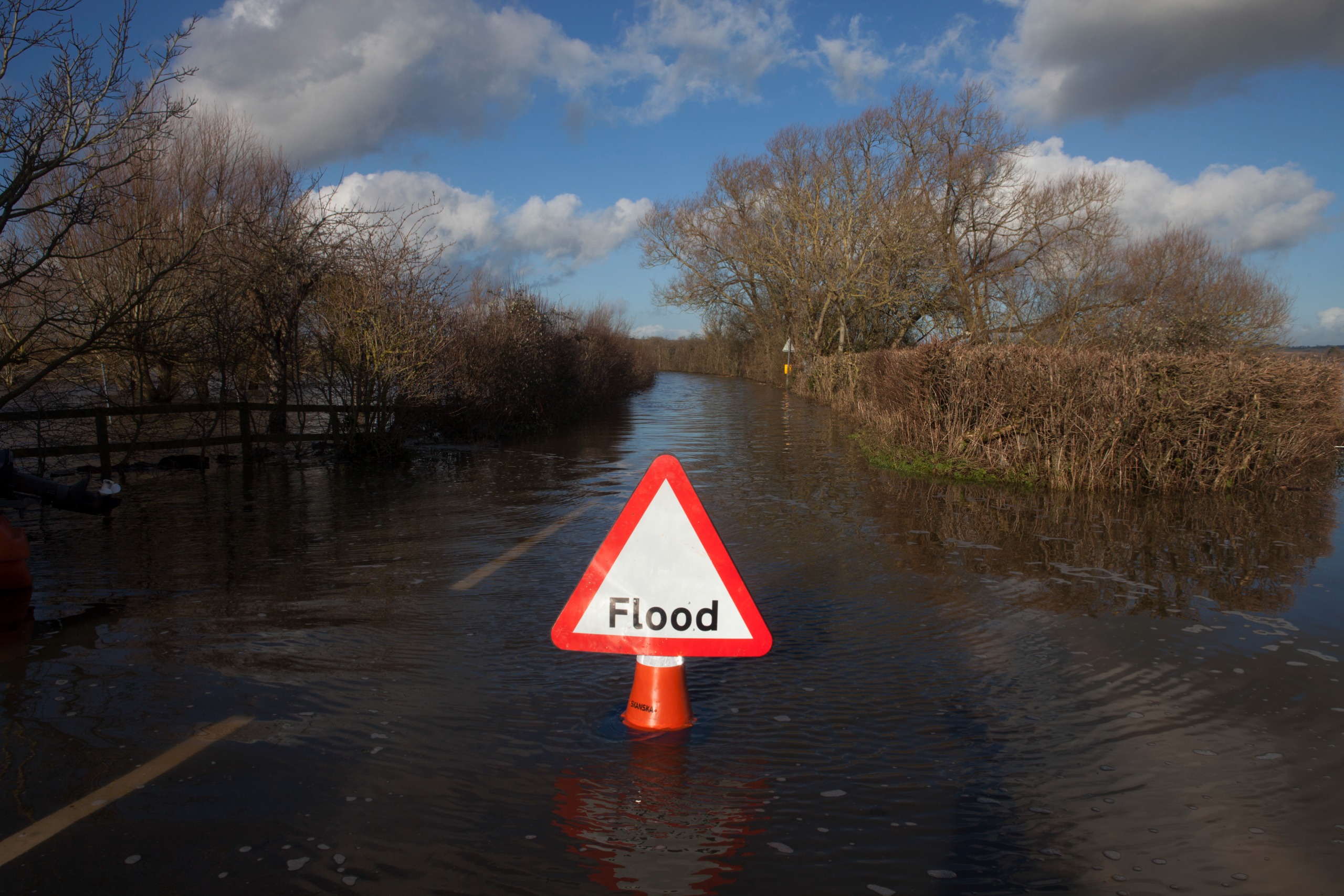 Flood sign on road in Somerset