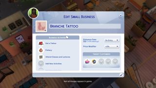 The Sims 4 Businesses & Hobbies - A small business editing screen with a name, logo, entrance fees, and type of guests