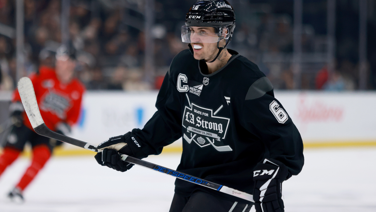 Justin Bieber #6 of Team Black tracks the puck against Team Red during NHL &amp; Los Angeles Kings Present &quot;Skate For LA Strong&quot; at Crypto.com Arena on February 23, 2025 in Los Angeles, California.