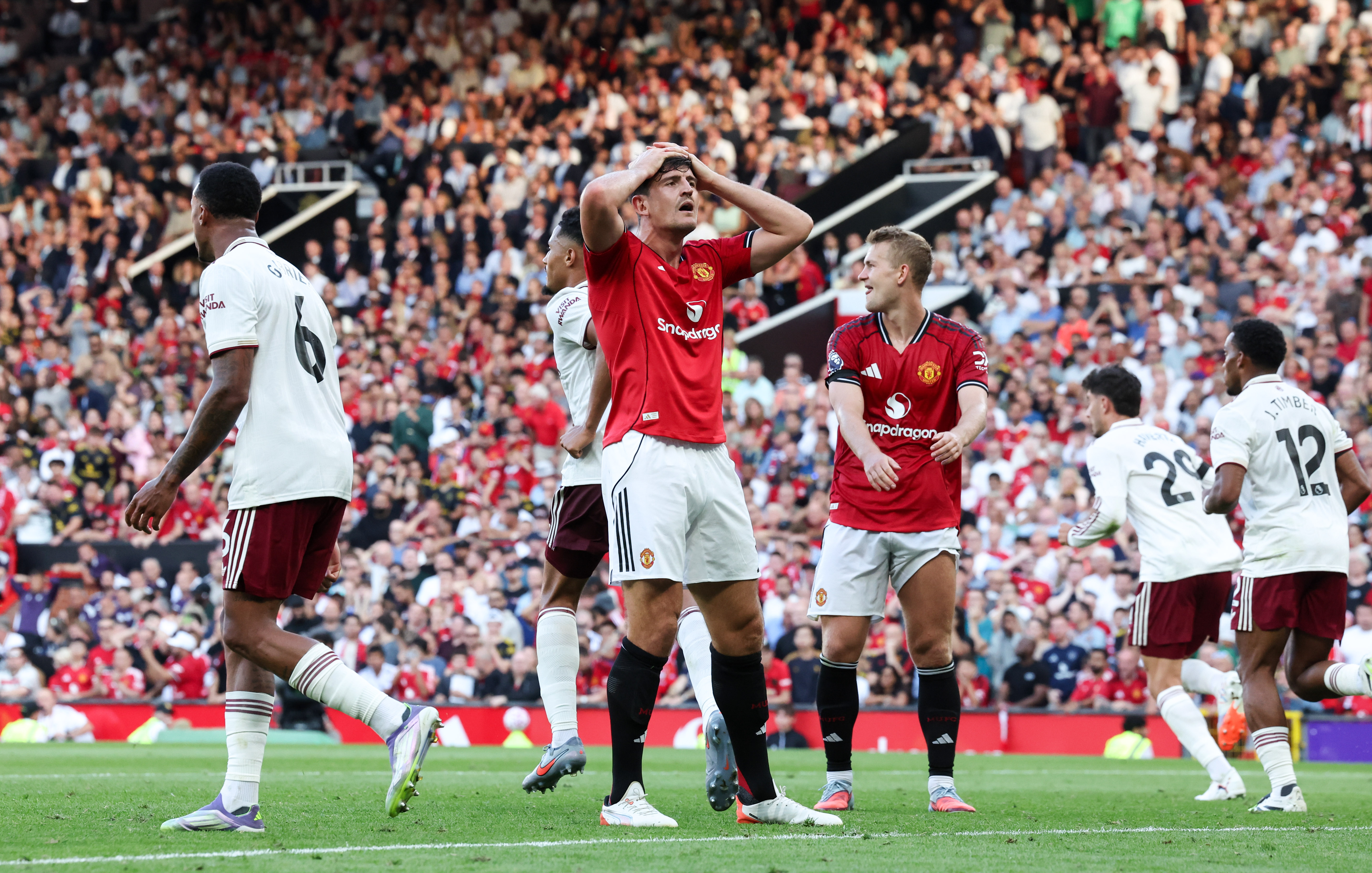 MANCHESTER, ENGLAND - AUGUST 17: Manchester United's Harry Maguire reacts during the Premier League match between Manchester United and Arsenal at Old Trafford on August 17, 2025 in Manchester, England. (Photo by Alex Dodd - CameraSport via Getty Images)