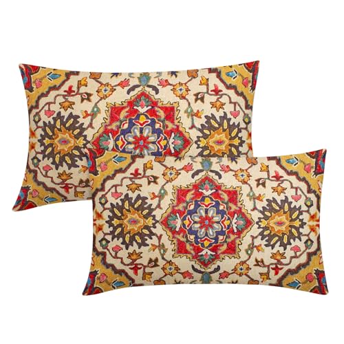 Mustard Yellow Red Brown Vintage Bohemian Lumbar Pillow Covers 12x20 Inch Beige Gold Terracotta Cream Boho Flower Rug Oriental Carpet Pillow Cases Set 2 Antique Throw Pillows for Cushion Couch Outdoor
