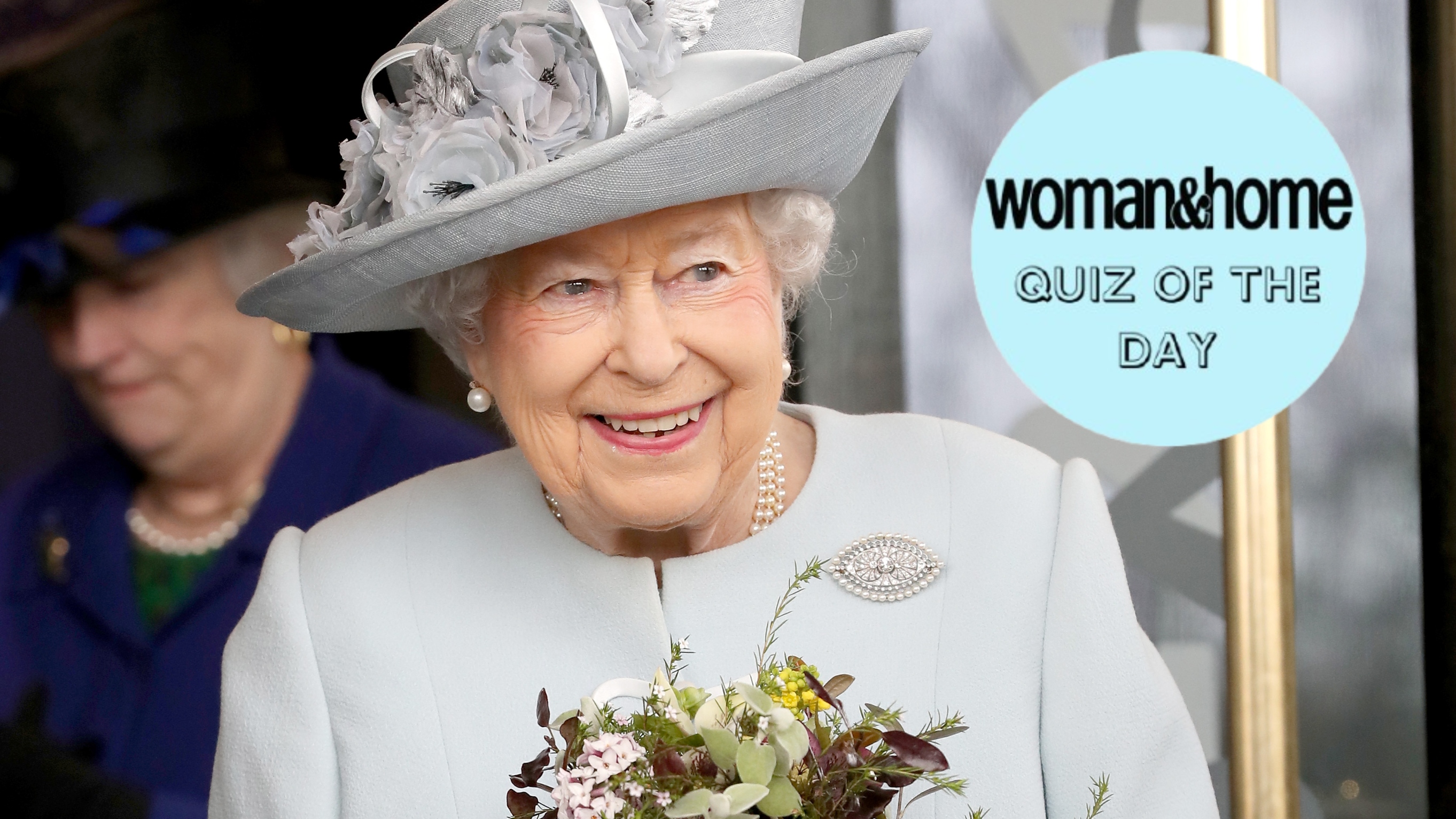 Queen Elizabeth II departs from the Royal College Of Physicians on February 20, 2018, with a Woman&amp;Home Quiz of the Day roundel over the top of the image
