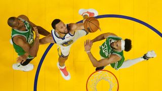 Stephen Curry #30 of the Golden State Warriors shoots during the first half against the Boston Celtics in the NBA Finals. 