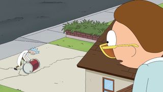 Rick rolls a barrel of sperm into the driveway in Rick and Morty.