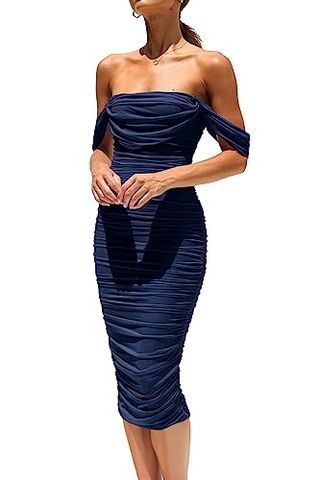 Prettygarden Women's Summer Off the Shoulder Ruched Bodycon Dresses Sleeveless Fitted Party Club Midi Dress (navy,small)