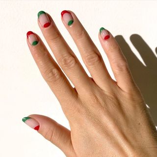 Watermelon red and green double French manicure nails