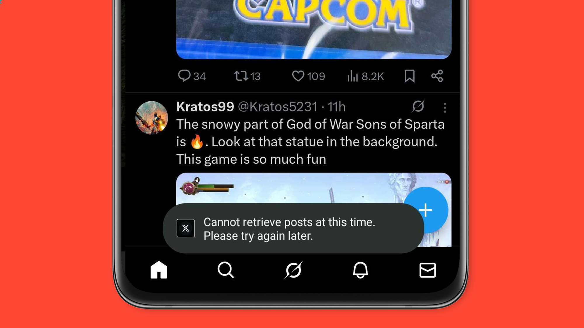 A phone on a red background showing an error message on X