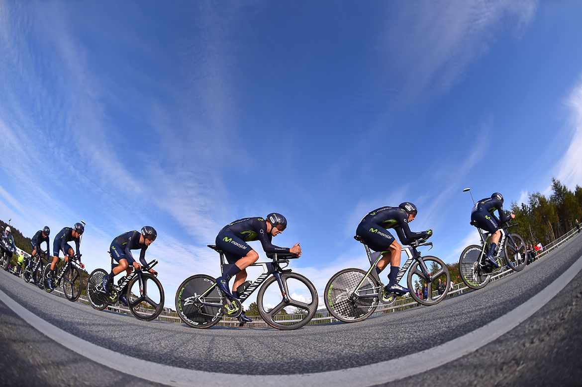 Movistar riding the men's TTT at the Bergen Road World Championships