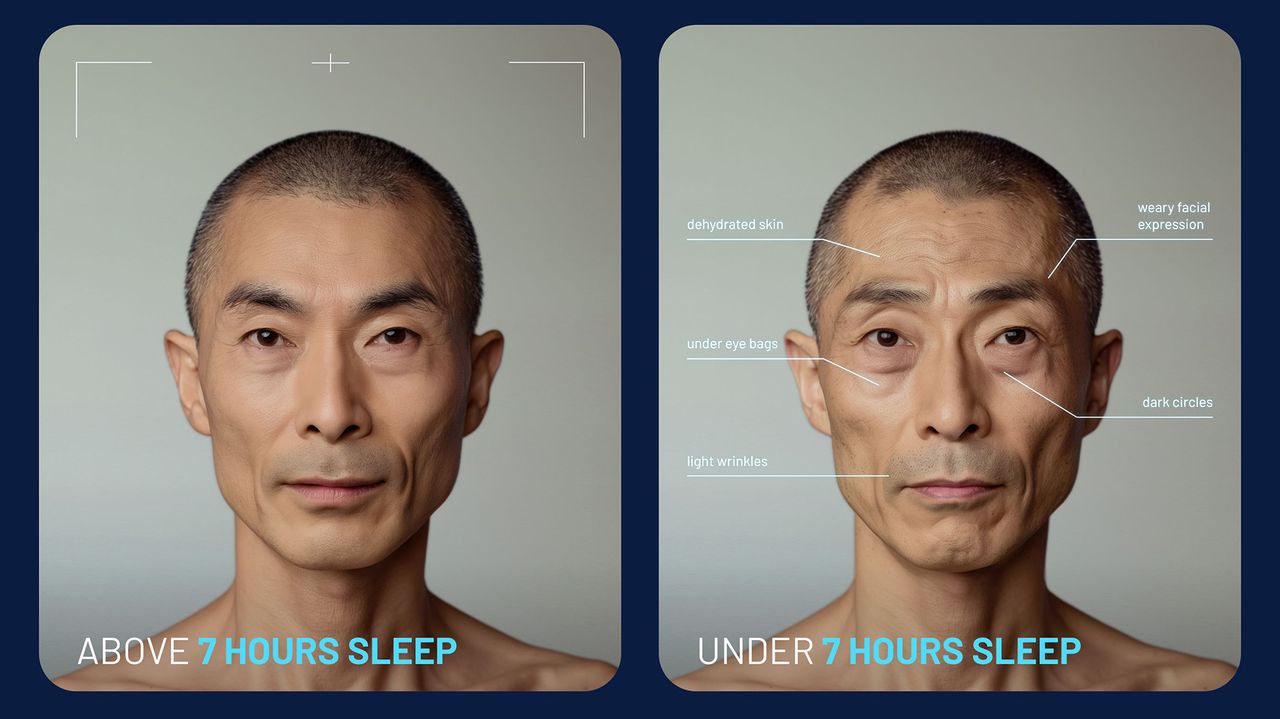 Two AI-generated images showing how a person looks after seven hours sleep (left) and how the same person looks after getting less than seven hours sleep (right)