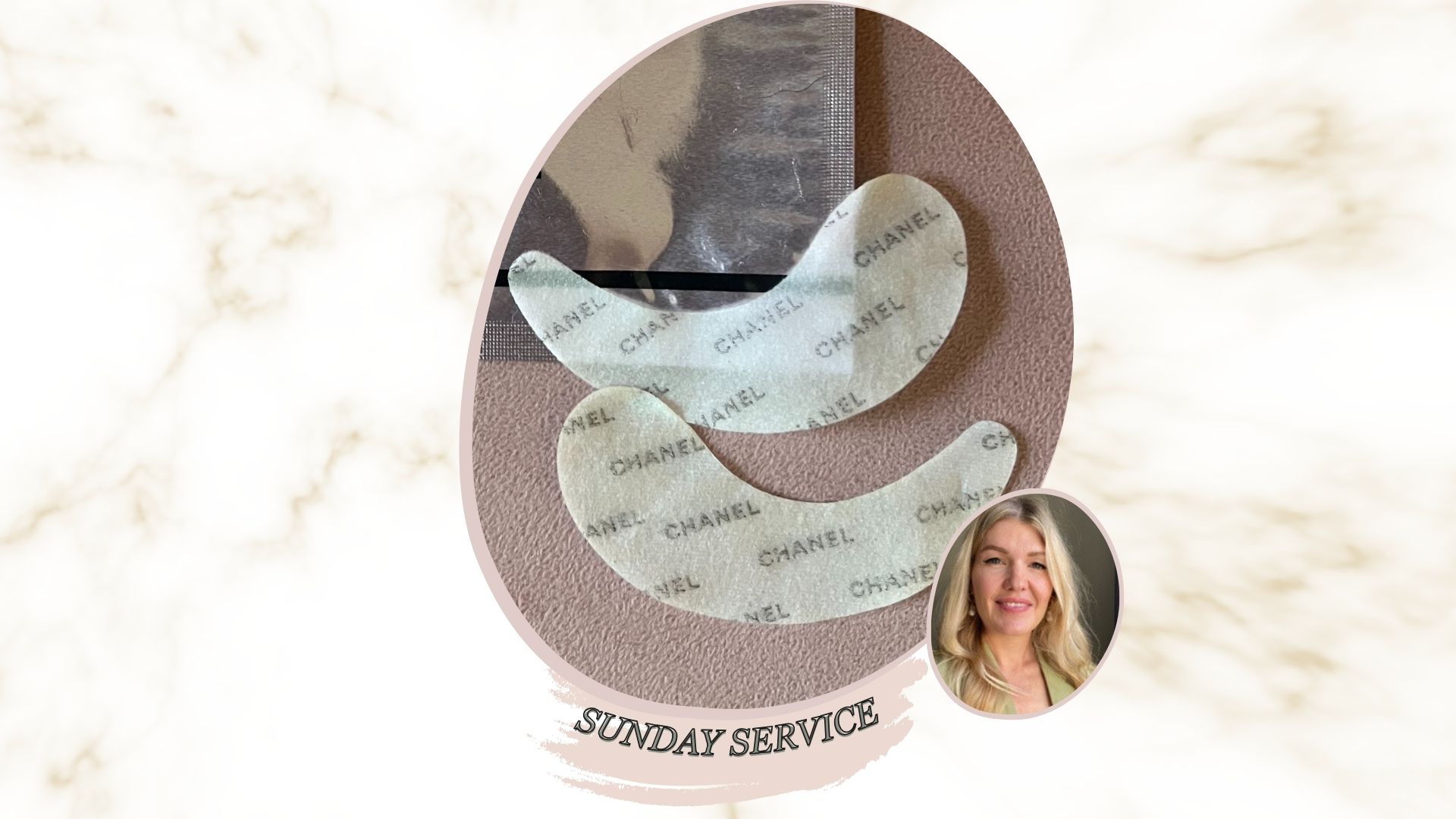 an image of chanel le lift flash eye patches on a pink backdrop with their pink sachet behind, next to an image of beauty editor Fiona McKim testing the patches