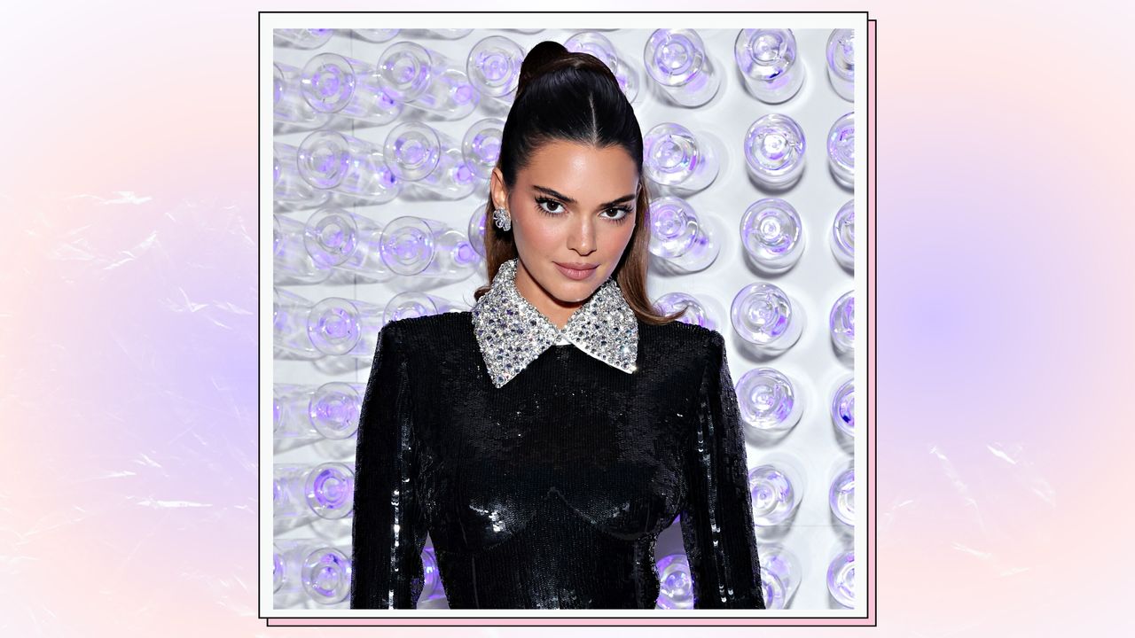  Kendall Jenner wears a black sequin bodysuit as she attends The 2023 Met Gala Celebrating &quot;Karl Lagerfeld: A Line Of Beauty&quot; at The Metropolitan Museum of Art on May 01, 2023 in New York City/ in a purple and peach template