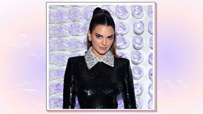  Kendall Jenner wears a black sequin bodysuit as she attends The 2023 Met Gala Celebrating "Karl Lagerfeld: A Line Of Beauty" at The Metropolitan Museum of Art on May 01, 2023 in New York City/ in a purple and peach template