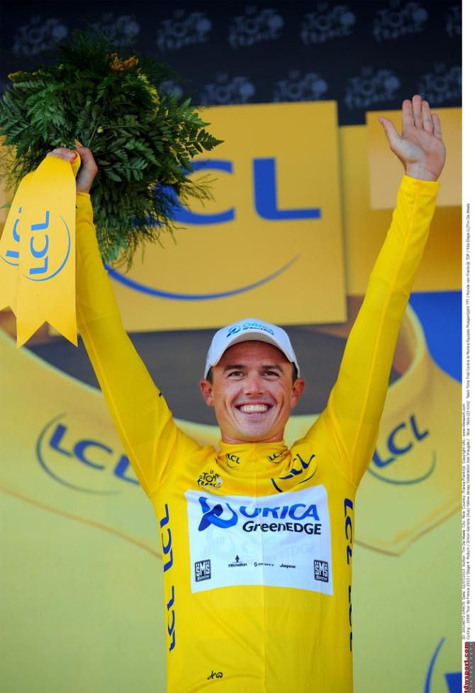 Simon Gerrans (Orica-GreenEdge) in his first ever yellow jersey