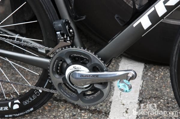 A Shimano Dura-Ace/SRM crank and Speedplay Zero pedals for Jens Voigt (RadioShack-Nissan-Trek) at the USA Pro Challenge.