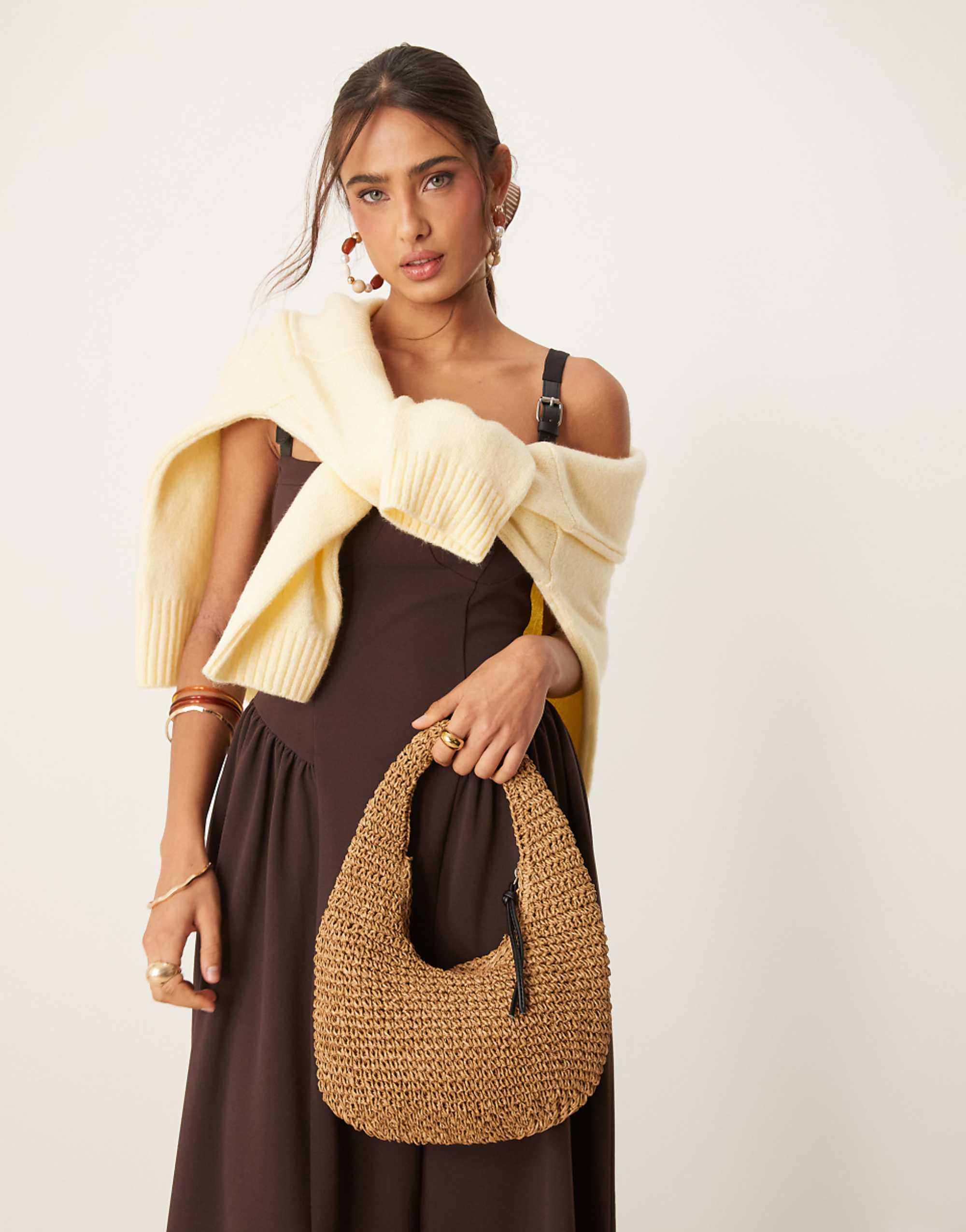 Asos Design Hand Crochet Straw Shoulder Bag in Brown
