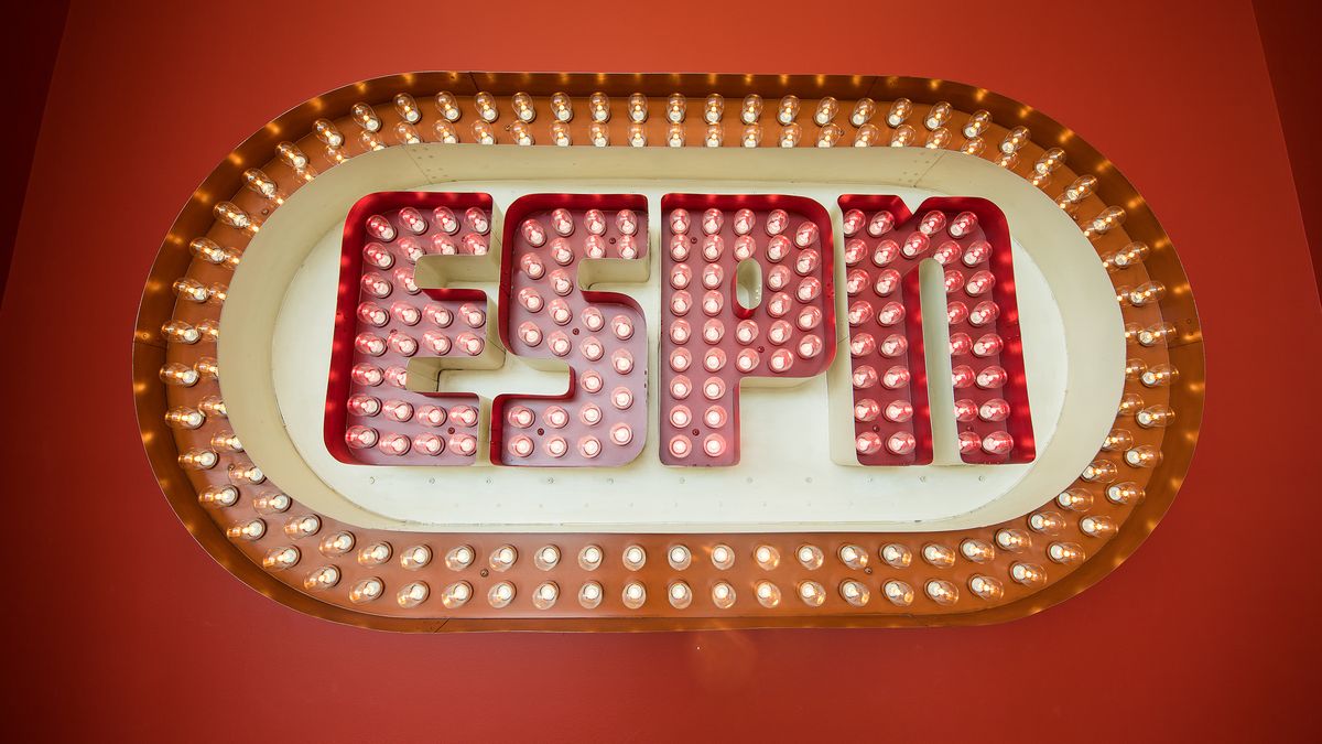 The original ESPN logo on display in Digital Center 2 in Bristol, Connecticut