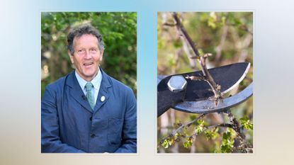  composite of Monty Don and a pair of secateurs cutting tree branches 