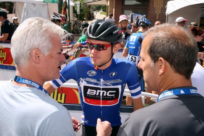 Tejay van Garderen chats with Jimmy Burrell and race director Shawn Hunter