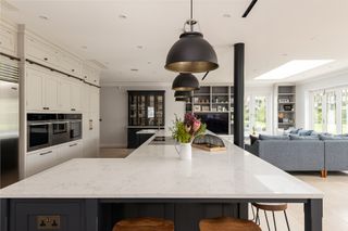 grey kitchen and living area