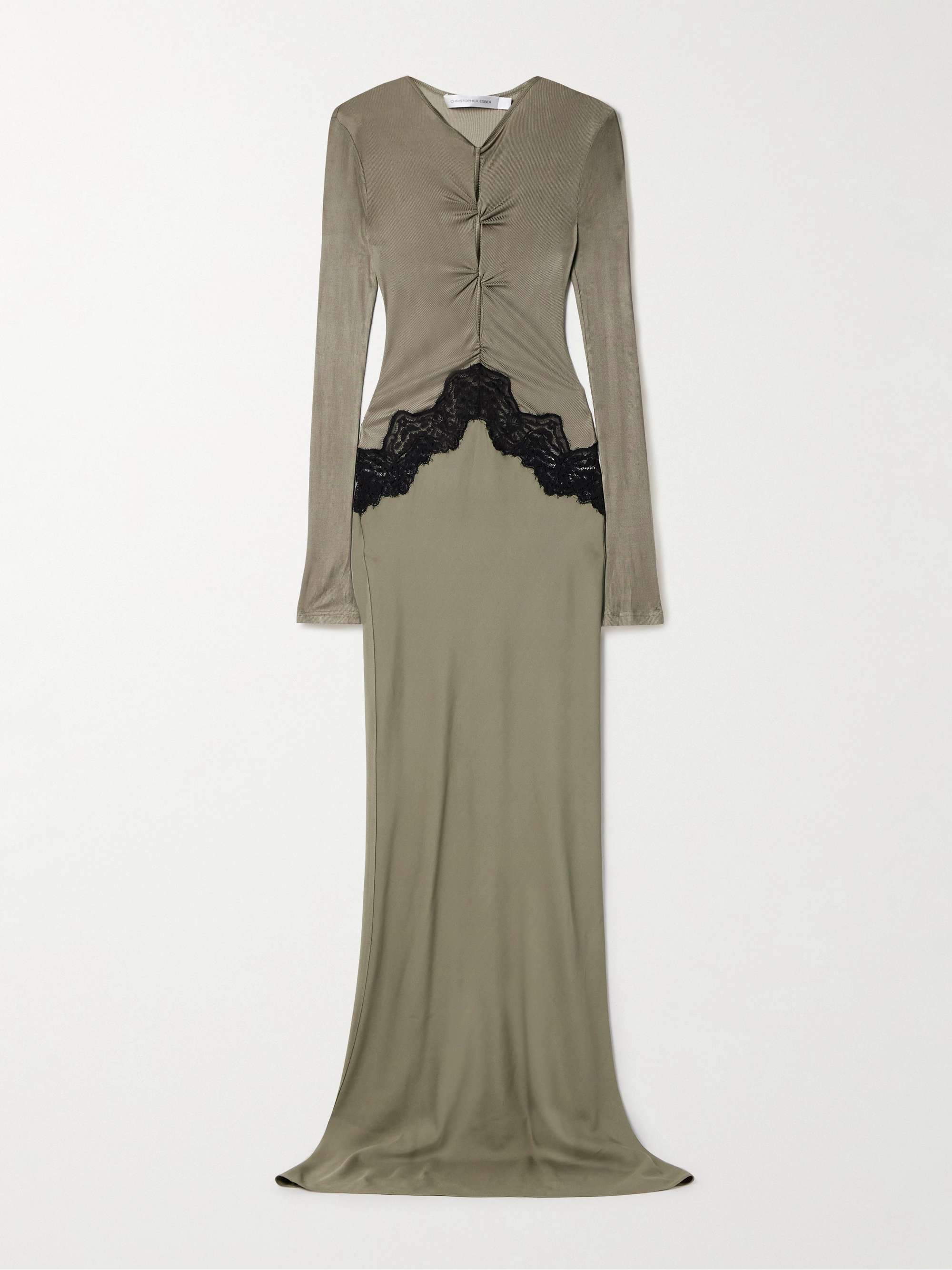 Cutout Twist-Front Lace-Trimmed Ribbed-Knit and Crepe Gown
