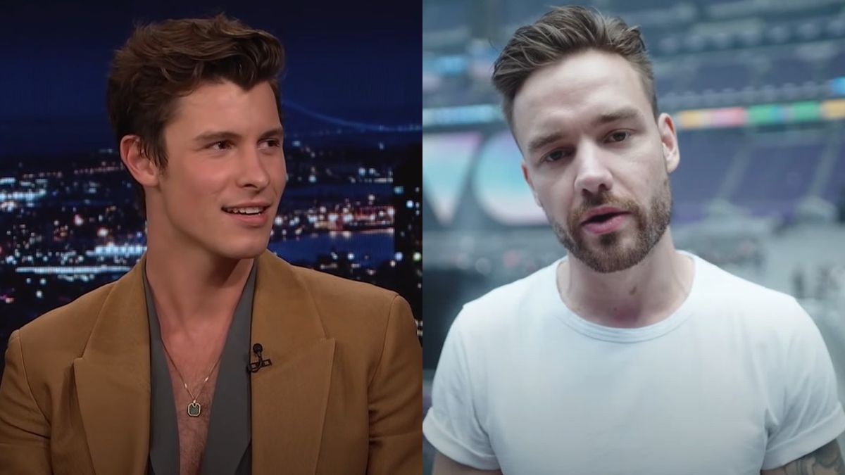 From left to right, Shawn Mendes on The Tonight Show and Liam Payne talking to the camera in a video for his YouTube Channel.