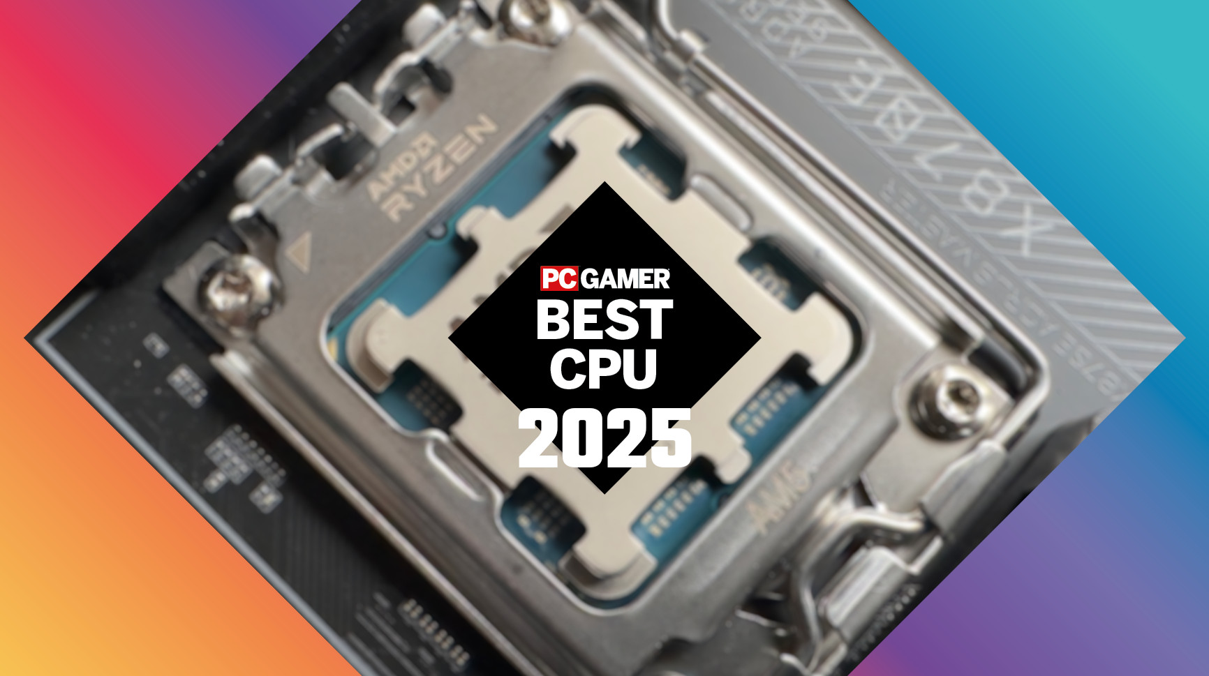 An image showing 'Best CPU 2025' in the centre of a multi-colored background, with a diamond shape cut-out showing a blurring image of a CPU in a motherboard.