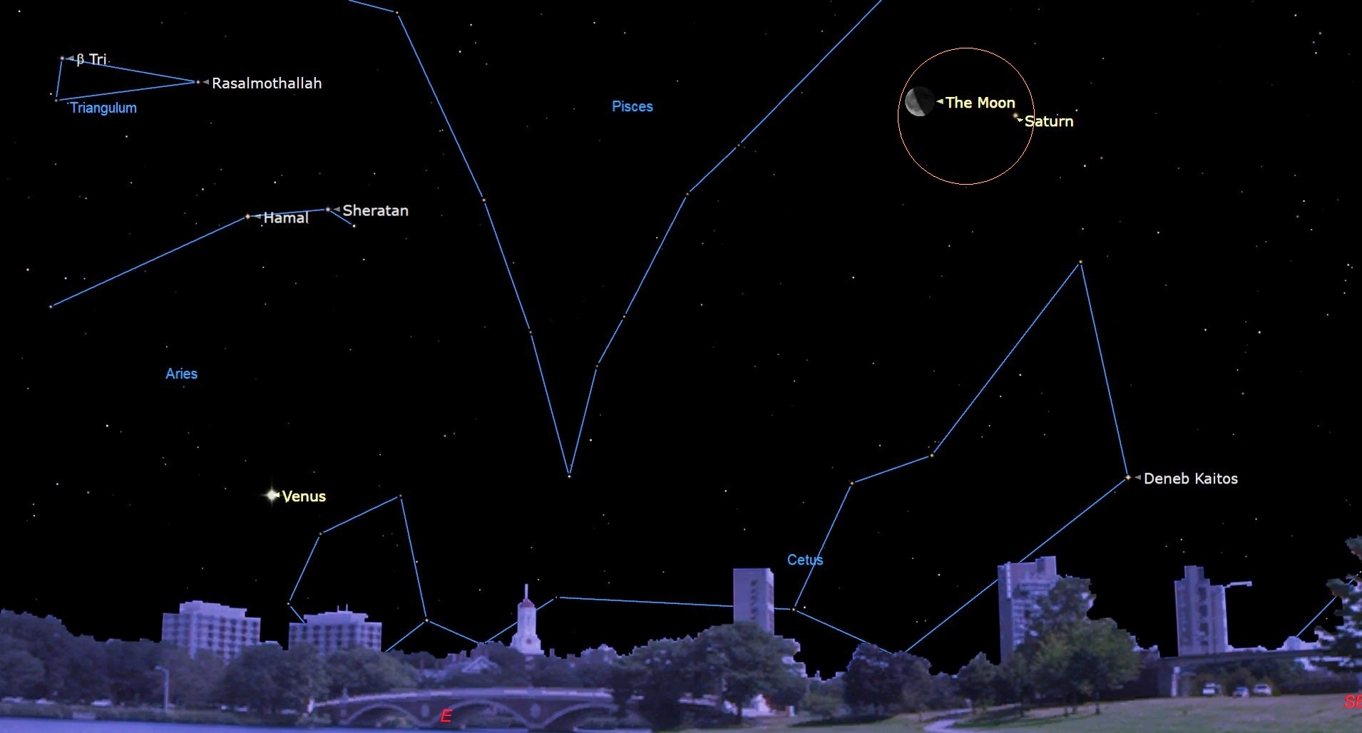Night sky map showing a Half-moon near Saturn and Venus.