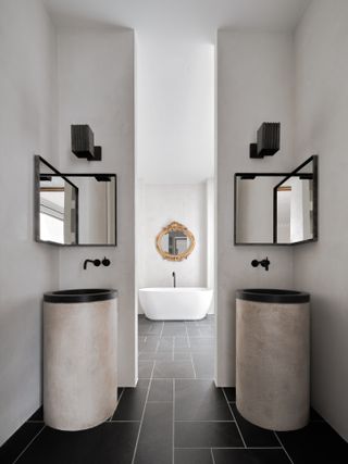 A bathroom with double vanity