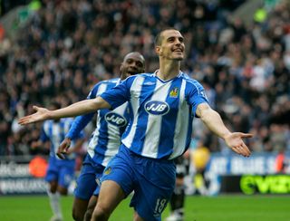 Paul Scharner of Wigan Athletic celebrates his opener during the Barclays Premier League match between Wigan Athletic v Derby County at the JJB Stadium on February 23, 2008 in Wigan, United Kingdon.