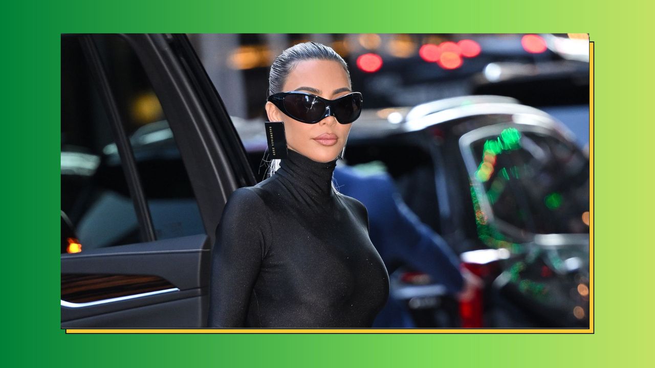 Kim Kardashian Crypto controversy image; kim kardashian arriving to good morning america in slick black clothes and sunglasses like she&#039;s in the matrix