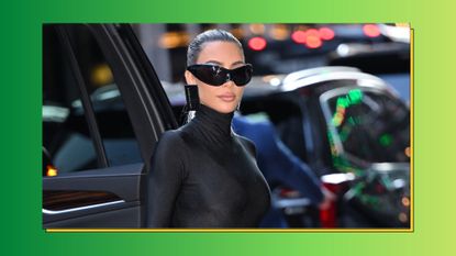 Kim Kardashian Crypto controversy image; kim kardashian arriving to good morning america in slick black clothes and sunglasses like she's in the matrix