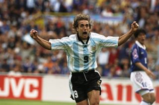 Gabriel Batistuta celebrates after scoring for Argentina against Japan at the 1998 World Cup.