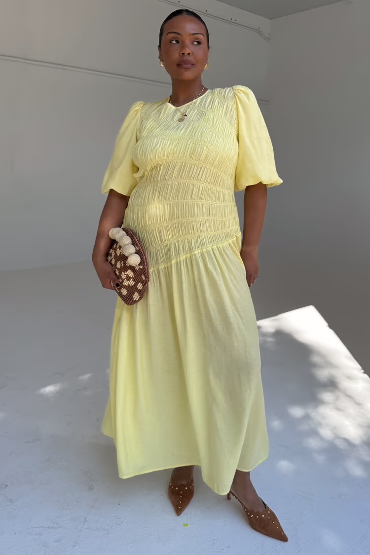 Never Fully Dressed Butter Yellow Shirred Nara Dress