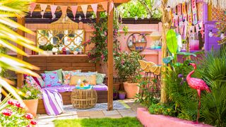 tropical garden party theme decorated with bright colours and flamingos