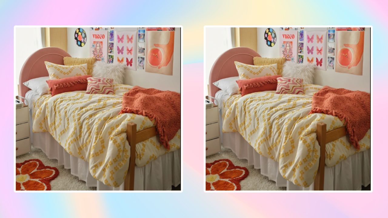 A dorm room bed on a rainbow background.