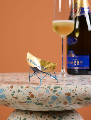 Miniature chair made from champagne wire and label for Champagne Chair Contest