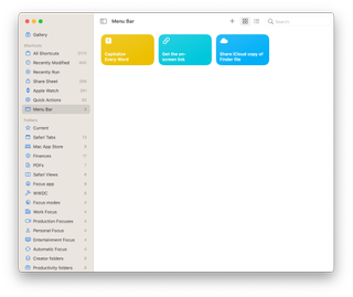 Screenshot of the Menu Bar folder open in Shortcuts for Mac showing three shortcuts.